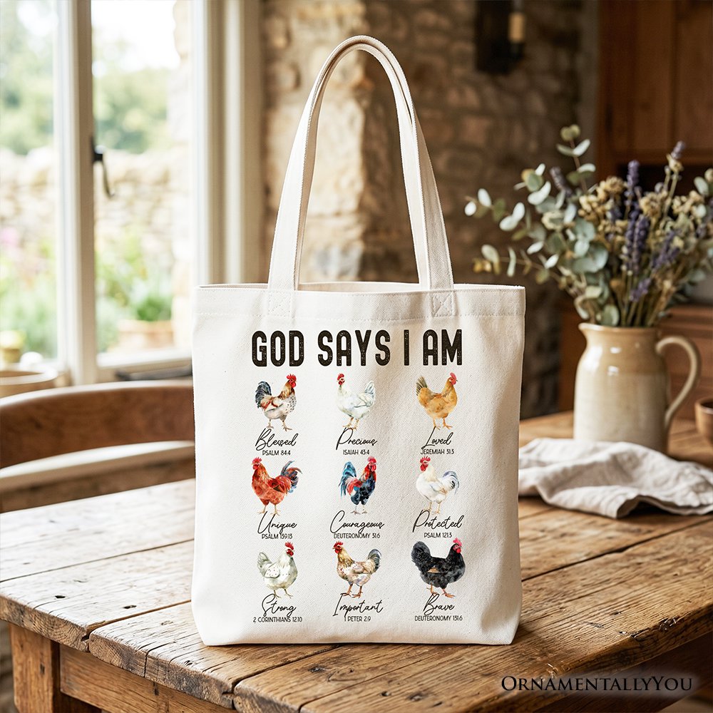 God Says I Am Christian Tote and Farm Rooster Bag