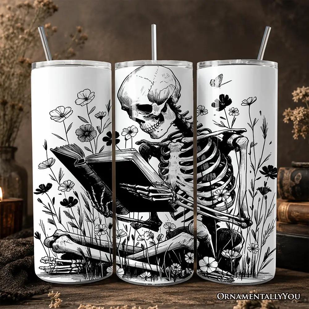 Gothic Reading Skeleton 20oz tumbler set of 3 with lid and stainless straw floral bookworms on Tampa Home & Garden Store