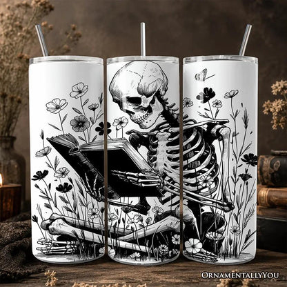Gothic Reading Skeleton 20oz tumbler set of 3 with lid and stainless straw floral bookworms on Tampa Home & Garden Store