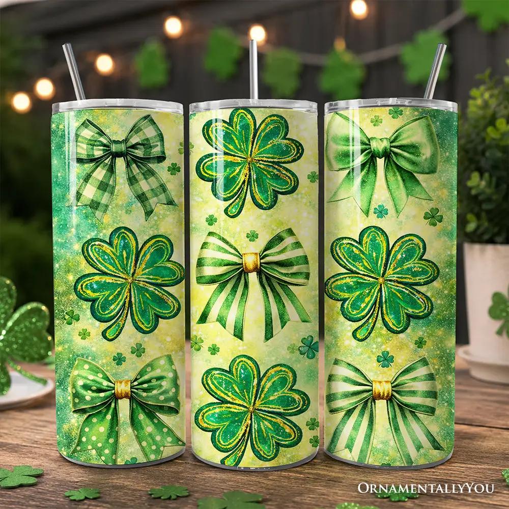 3 green shamrock bow pattern 20oz tumblers with lids and steel straws by OrnamentallyYou on Tampa Home & Garden Store