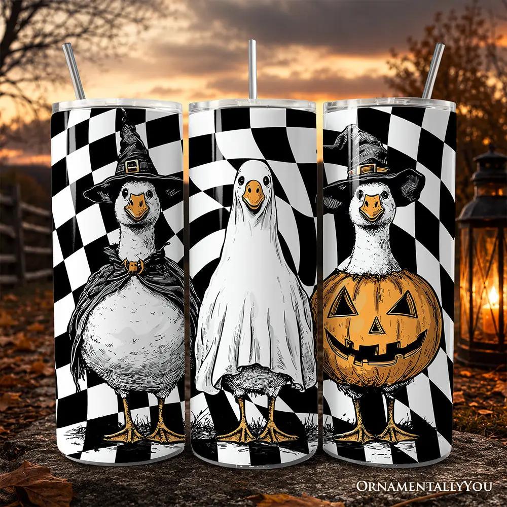 3 20oz tumblers with lids and stainless straw featuring witch, ghost, and pumpkin goose backdrop on Tampa Home & Garden Store