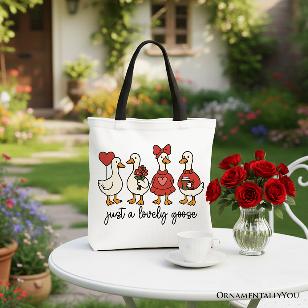 Just a Lovely Goose Valentine Canvas Tote Bag, Coquette Cute Love Printed Gift Bag