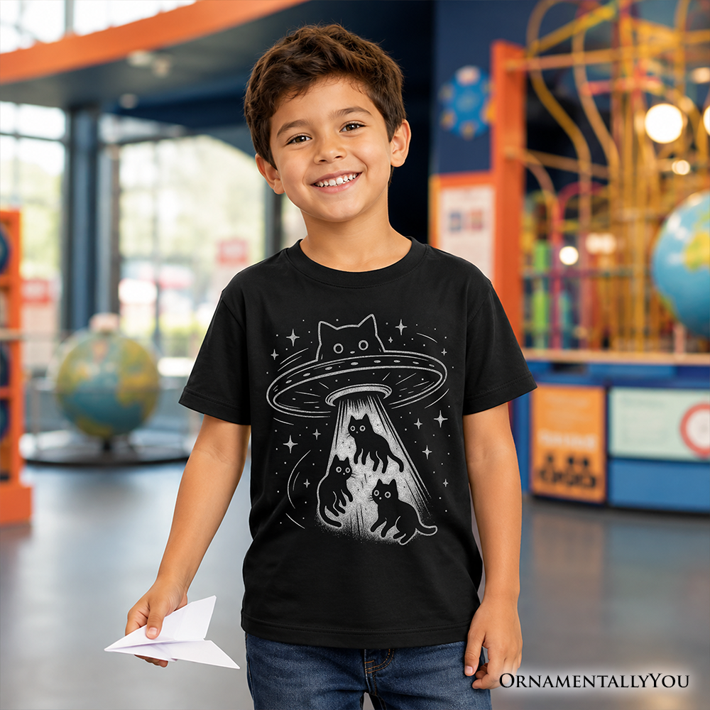 Funny Alien Cat Abduction Space Tee For Kids