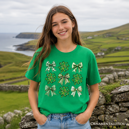 Green St Patricks Day Tee and Kids Clover Bow
