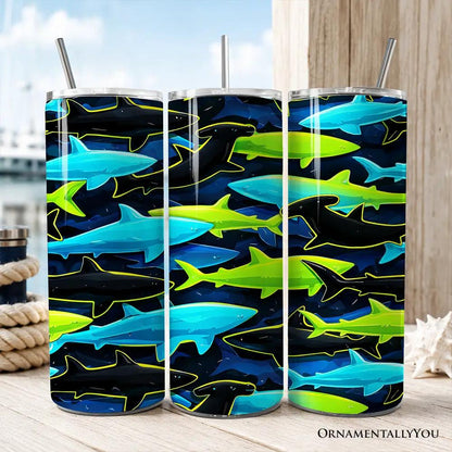 Neon Shark Camo 20oz Tumbler with lid and stainless straw trio set shark pattern OrnamentallyYou on Tampa Home & Garden Store