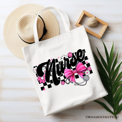 Nurse Floral Pink Bow Canvas Tote and Gifts