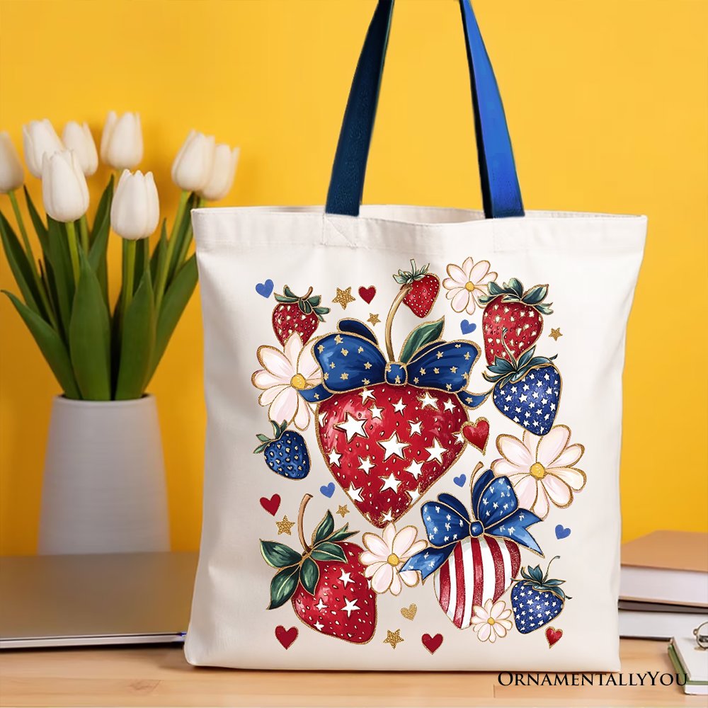 Patriotic Boho Strawberries and Canvas Tote Bag