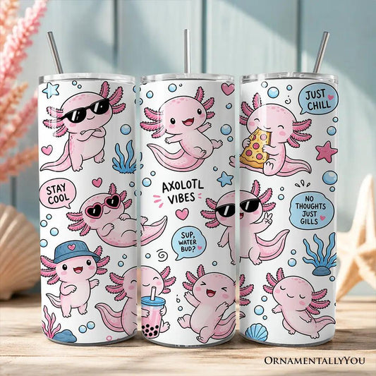 Tumbler set of 3 Pink Axolotl Vibe 20oz with lid and stainless straw sea animal pattern on Tampa Home & Garden Store