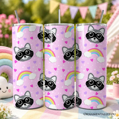 Tumbler set: pink 20oz with lids rainbow raccoon pattern on lilac with clouds by OrnamentallyYou on Tampa Home & Garden Store