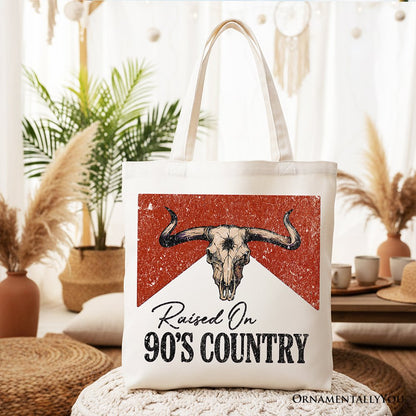Raised On 90s Country Tote Bag With Bull Skull