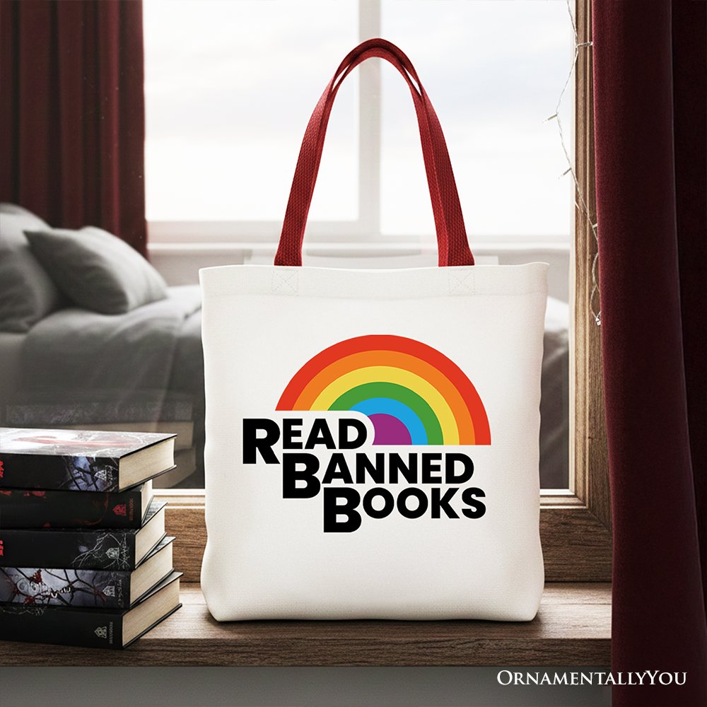 Rainbow Banned Books Canvas Tote Bag and Design