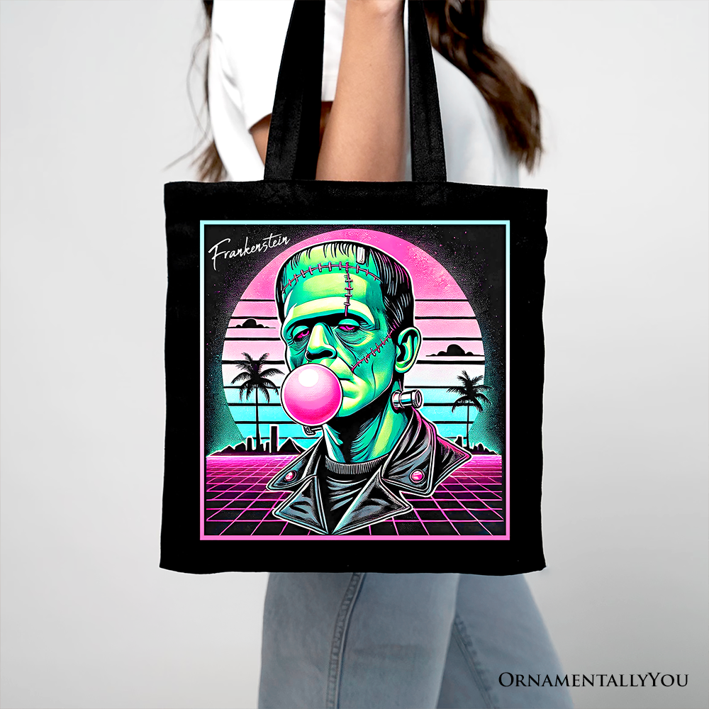 Vaperwave Frankenstein Retro Neon Horror Canvas Tote Bag, Synthwave 80's Styled Classic Halloween Gift