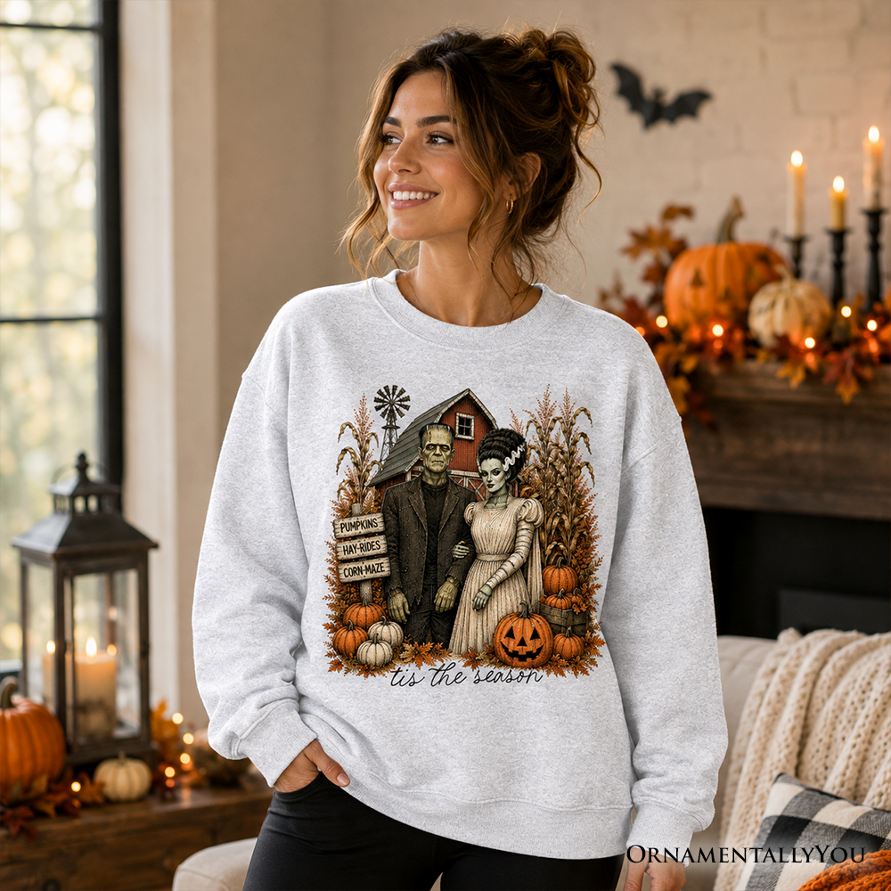 Frankenstein Couple Pumpkin Patch Sweatshirt gray vintage Halloween pumpkins OrnamentallyYou on Tampa Home & Garden Store