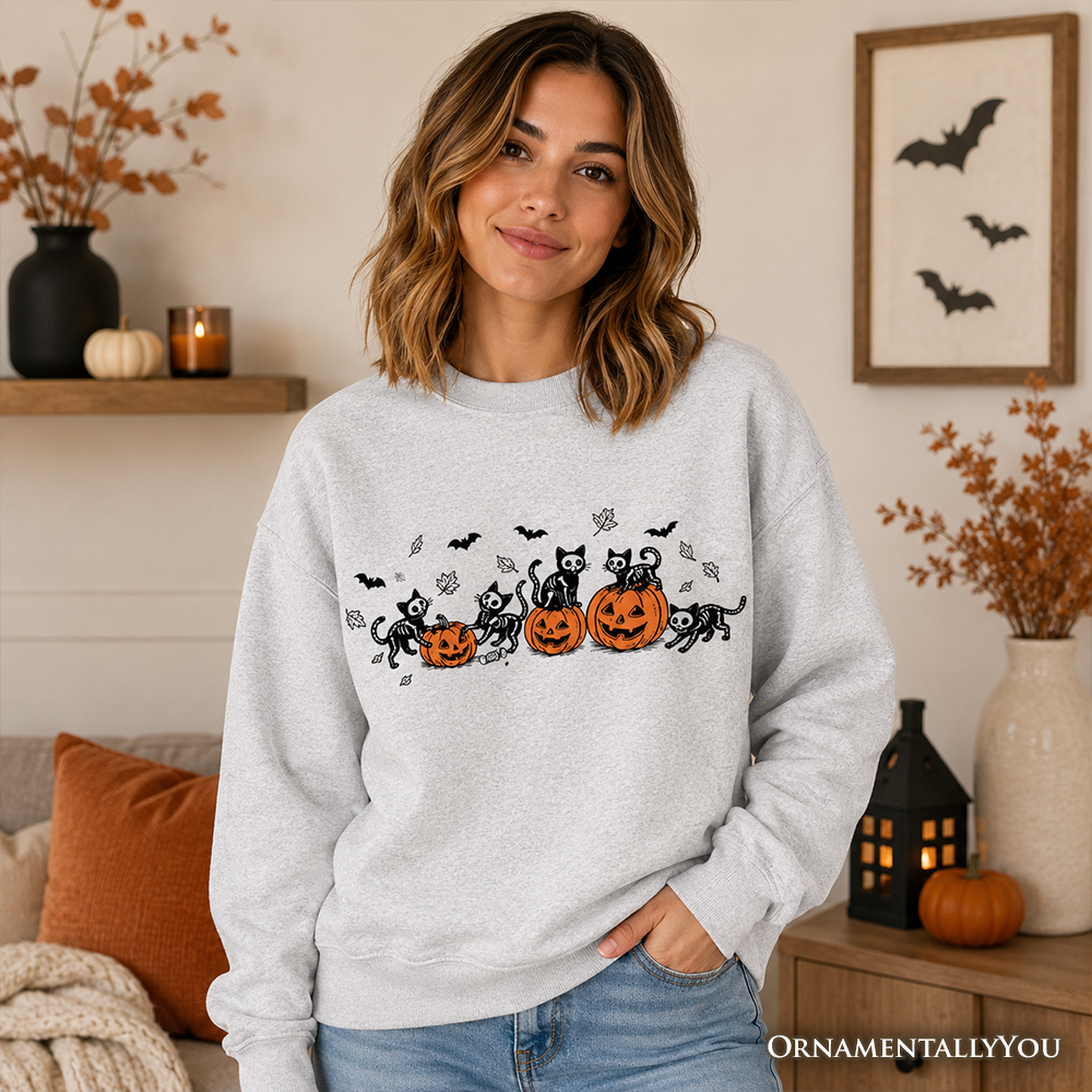 Skeleton Cats and Pumpkins Sweatshirt by OrnamentallyYou in gray heather with black cat graphic on Tampa Home & Garden Store