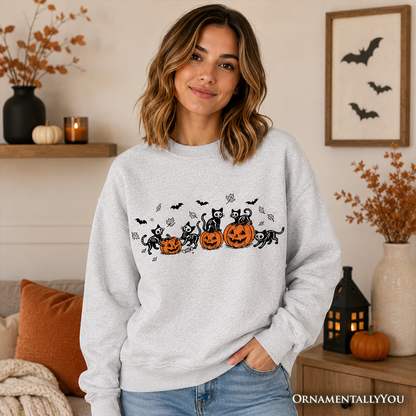Skeleton Cats and Pumpkins Sweatshirt by OrnamentallyYou in gray heather with black cat graphic on Tampa Home & Garden Store