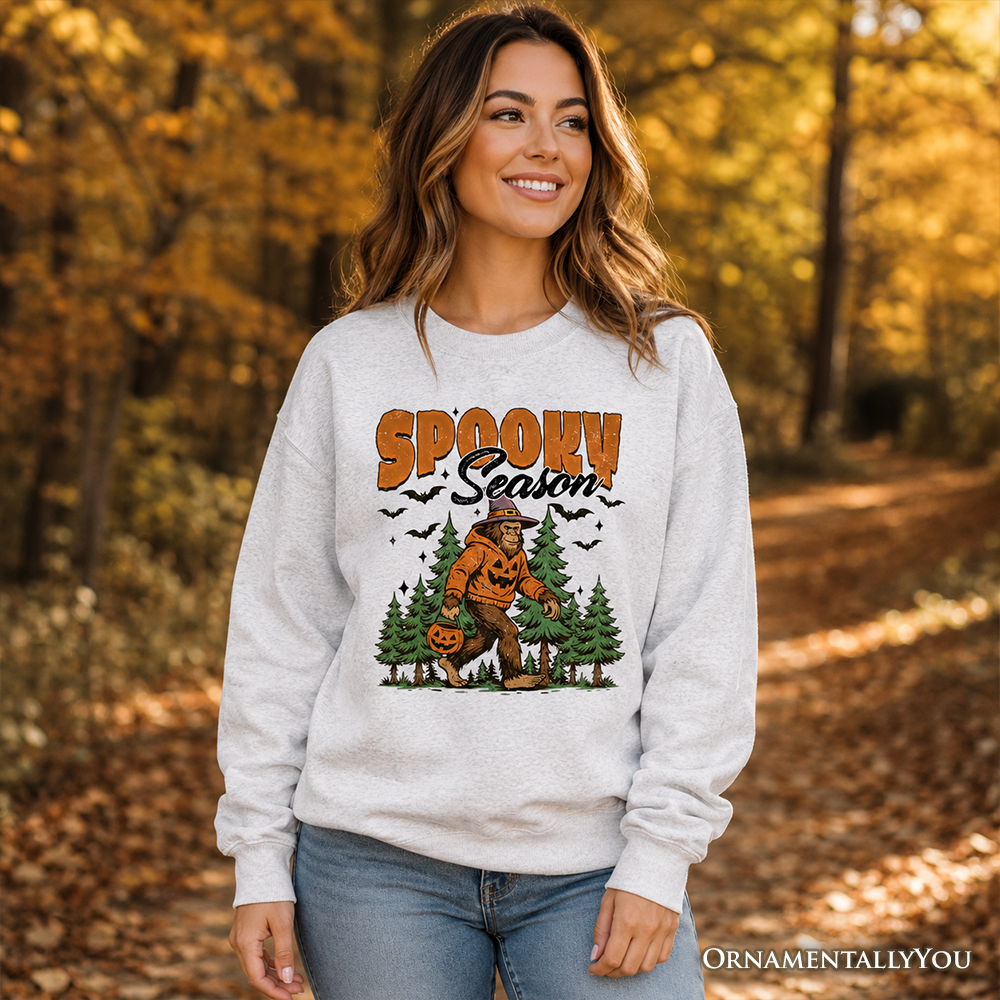 Spooky Season Bigfoot Sweatshirt gray with Halloween sasquatch pumpkin design OrnamentallyYou on Tampa Home & Garden Store