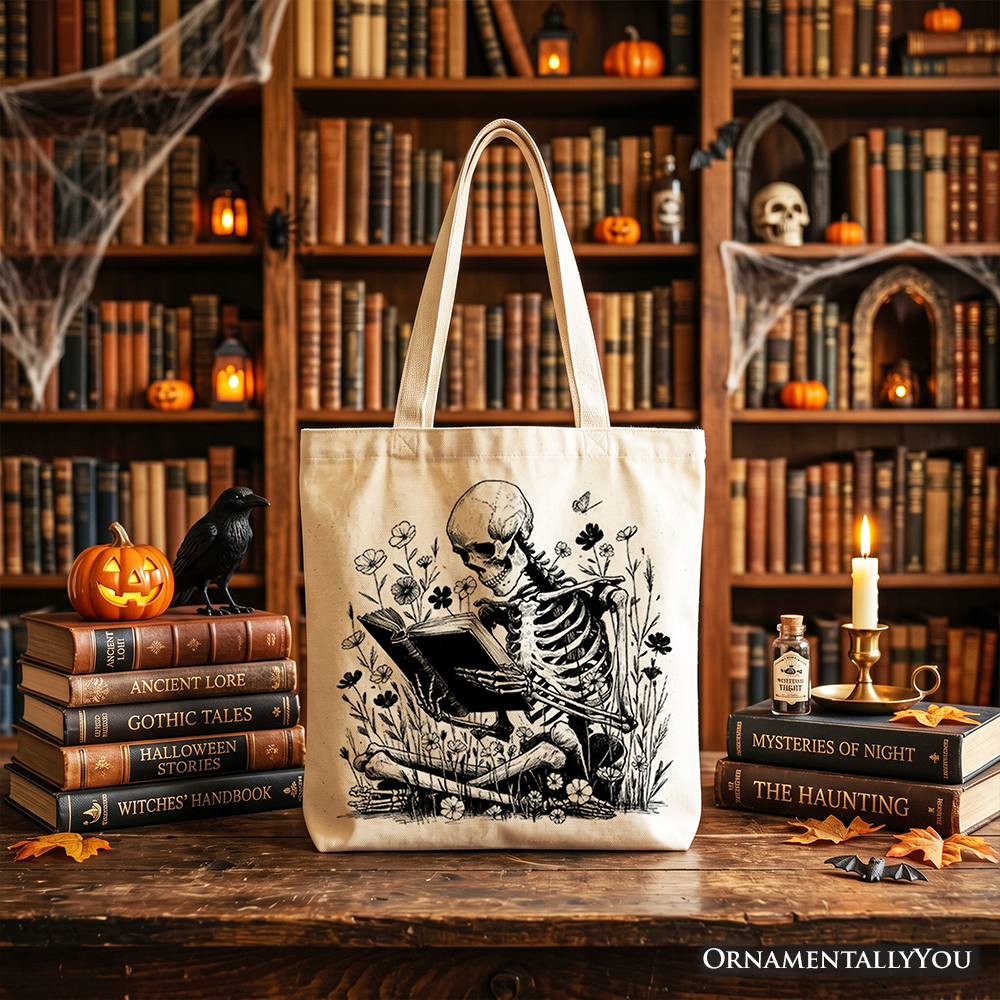 Gothic Reading Skeleton Canvas Floral Tote Bag