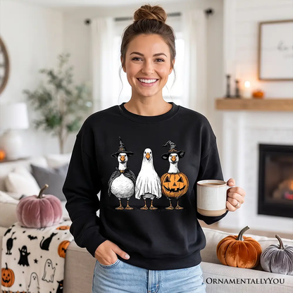 Haunting Honkers Goose Sweatshirt in black with Halloween goose trio OrnamentallyYou on Tampa Home & Garden Store