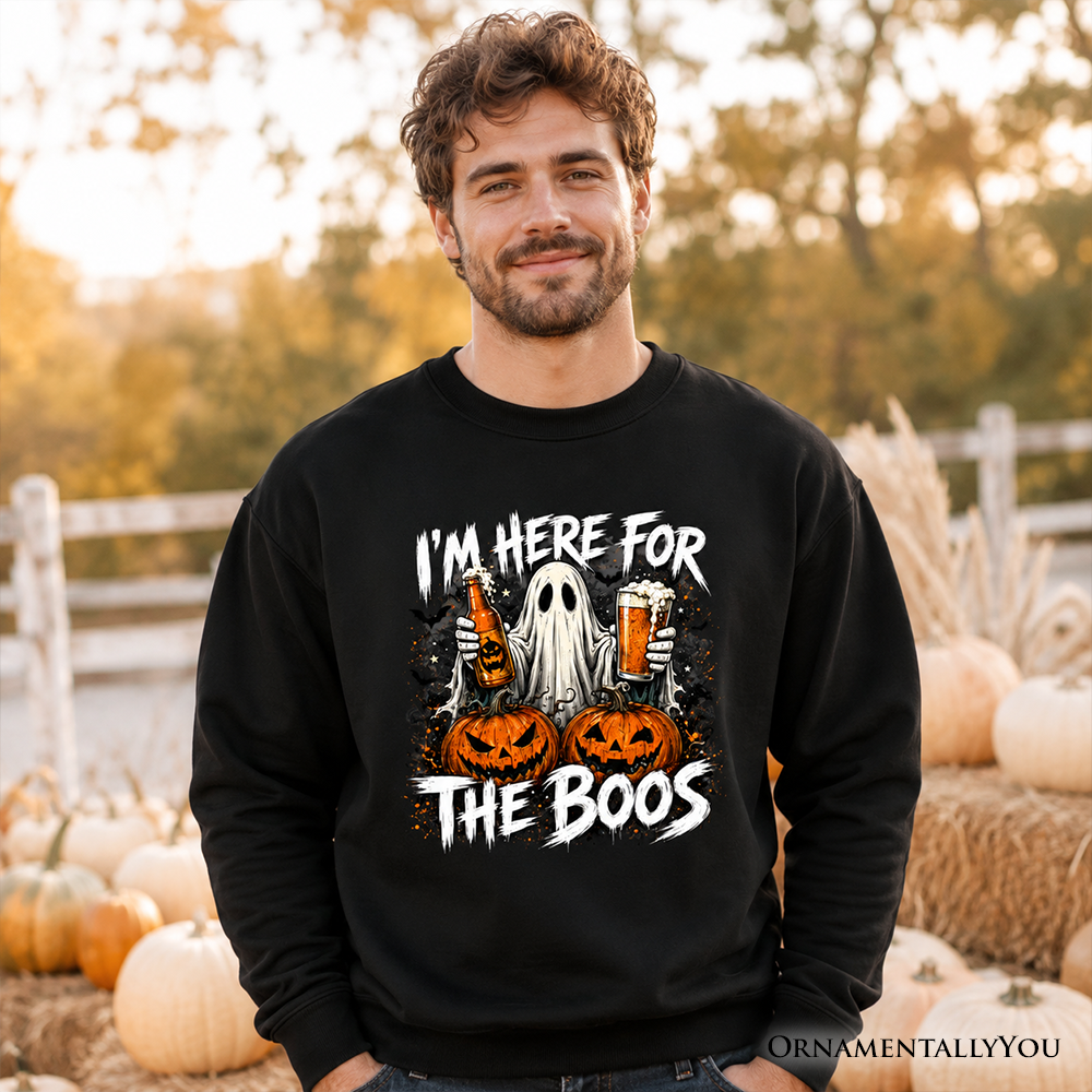 I'm Here for the Boos Ghost Sweatshirt black graphic featuring ghost pumpkins and beer on Tampa Home & Garden Store