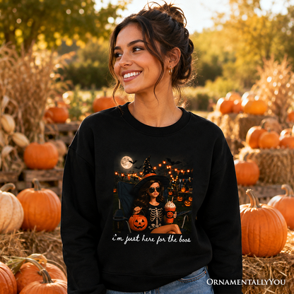 I'm Just Here for the Boos Witch Sweatshirt, black sweater featuring witch and pumpkins on Tampa Home & Garden Store