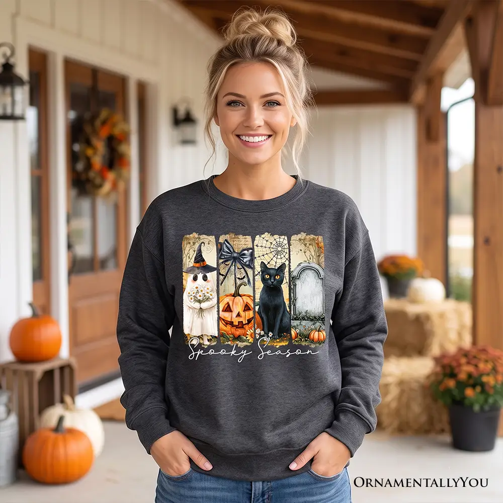 Fall Spooky Season sweatshirt in dark gray with ghost and pumpkin OrnamentallyYou on Tampa Home & Garden Store