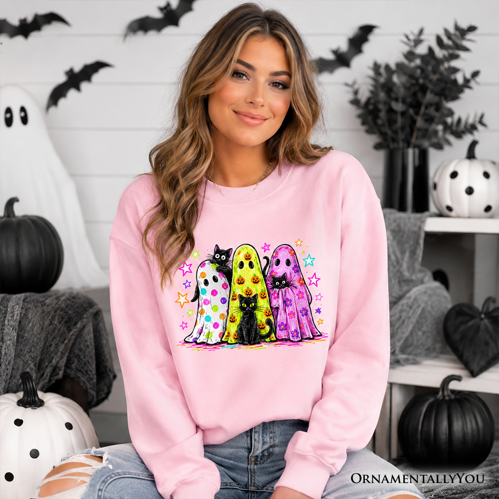 Colorful Ghosts and Black Cats Sweatshirt with neon print on pink fabric OrnamentallyYou on Tampa Home & Garden Store