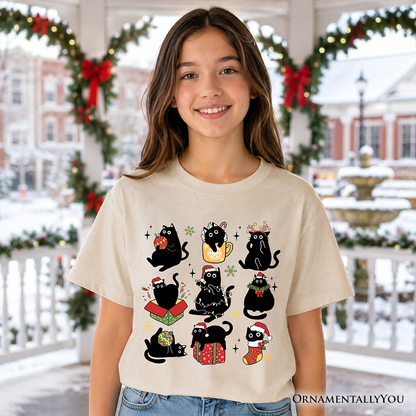 Kids Christmas Black Cat Playful Santa Tee