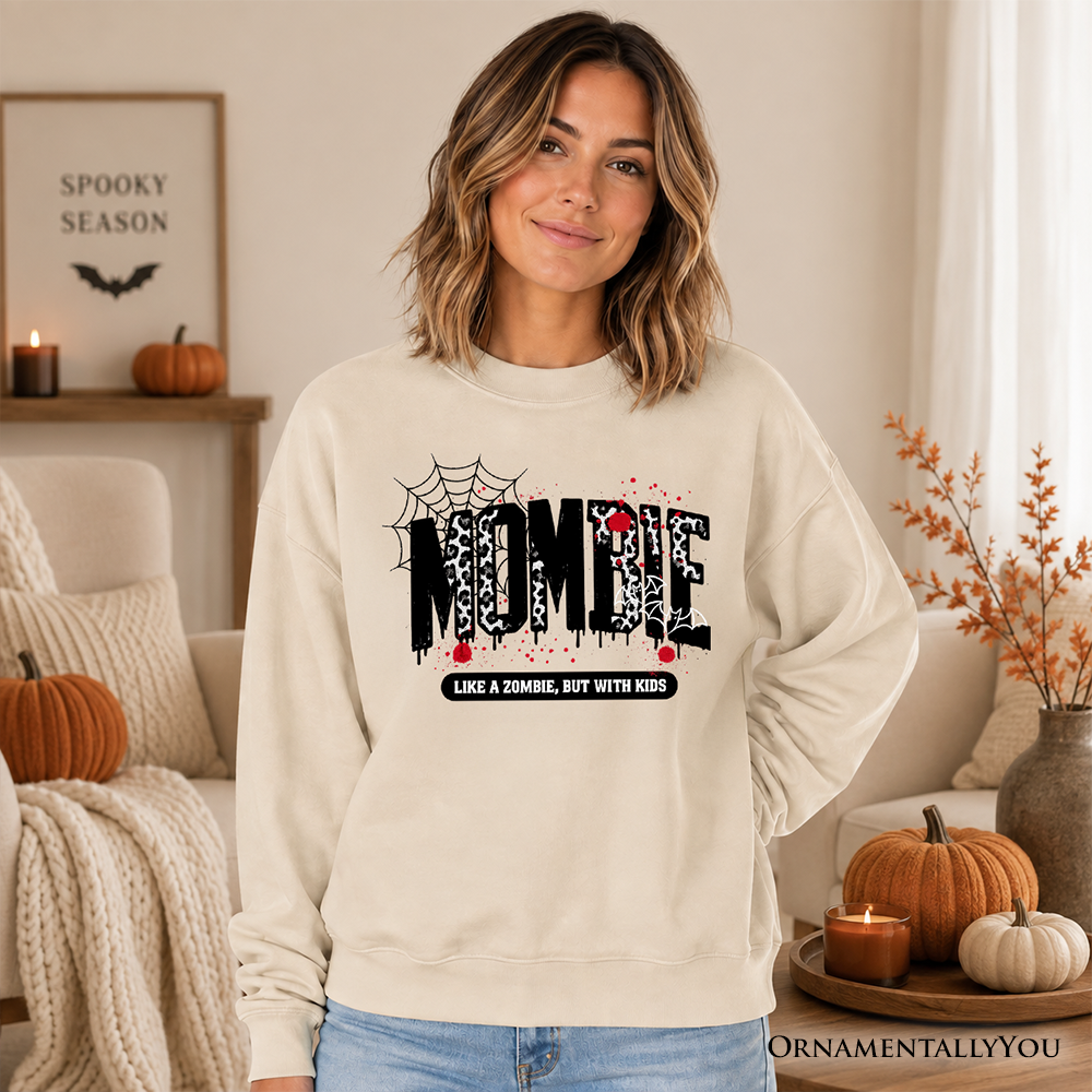 Mombie sweatshirt beige with spider web graphic, Halloween mom horror sweater OrnamentallyYou on Tampa Home & Garden Store