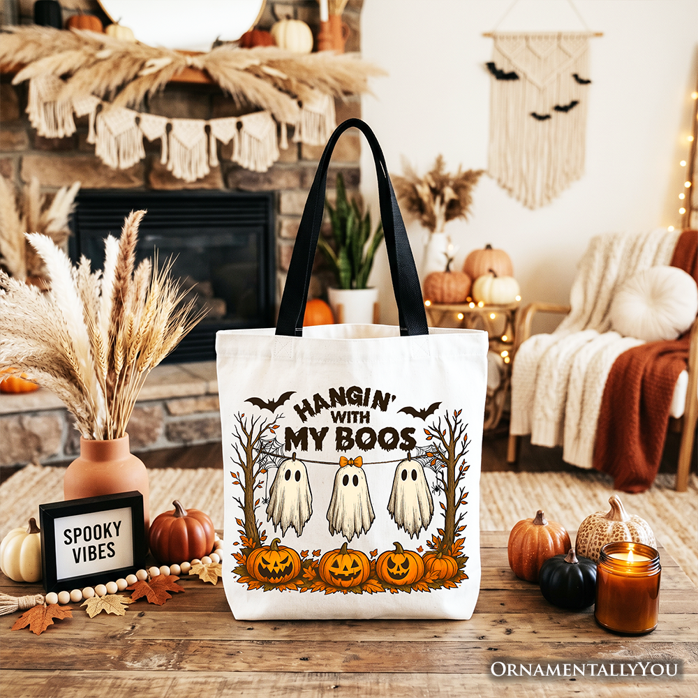 Boho Canvas Ghost Tote Bag and Fall Pumpkin Gift