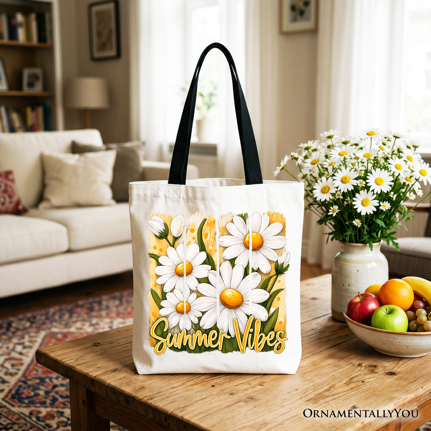 Cute Summer Daisy Canvas Tote Bag for Daily Use