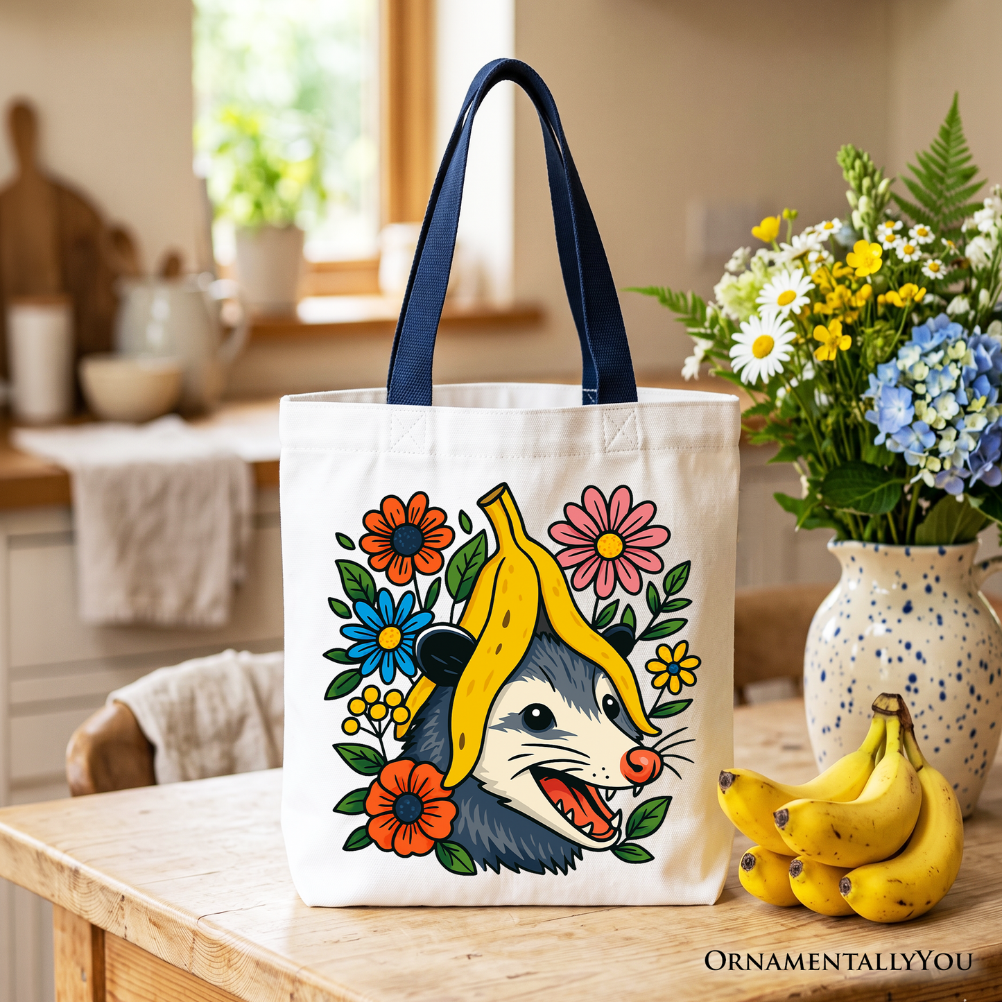 Funny Banana Possum Floral Canvas Tote Bag