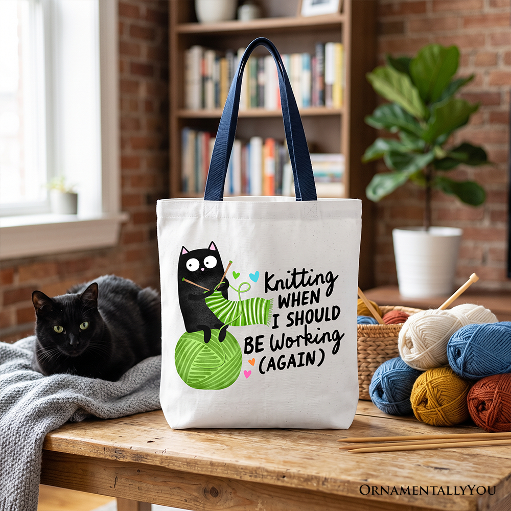 Cute Black Cat Knitting Tote Bag for Crafters