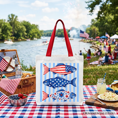 Patriotic Fish Striped Tote Bag for the Beach