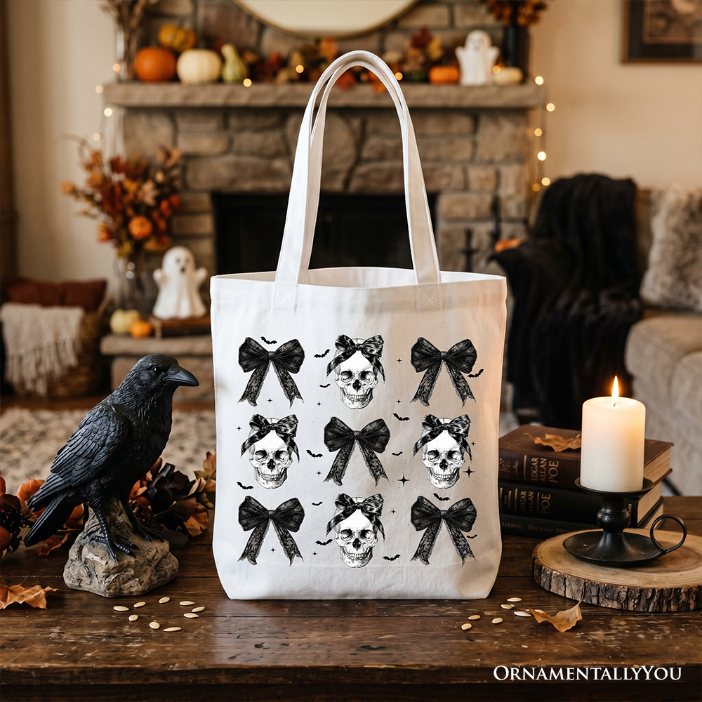 Black Gothic Coquette Skulls and Bows Tote