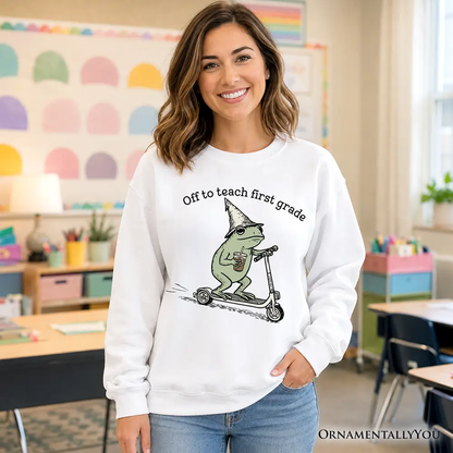 Off to Teach First Grade Frog Sweatshirt with frog on scooter graphic white OrnamentallyYou on Tampa Home & Garden Store