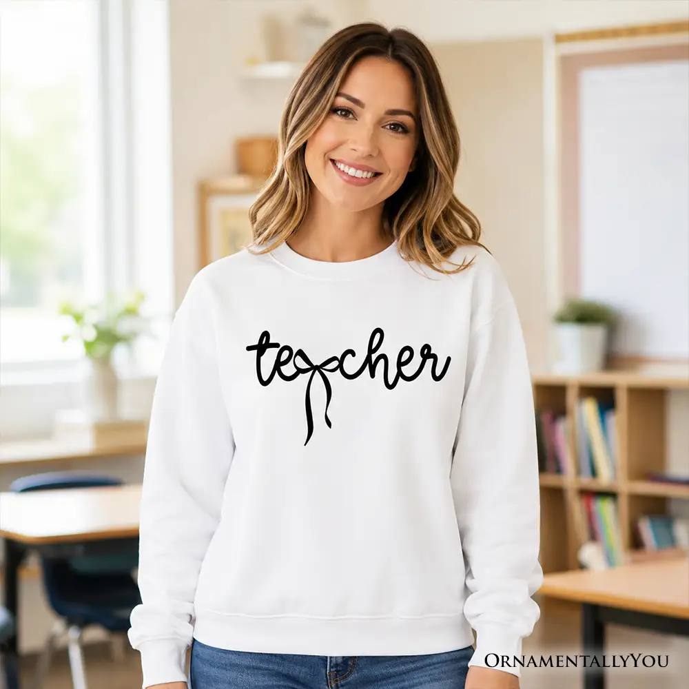 Teacher Coquette Bow Sweatshirt white with black script teacher bow OrnamentallyYou logo on Tampa Home & Garden Store