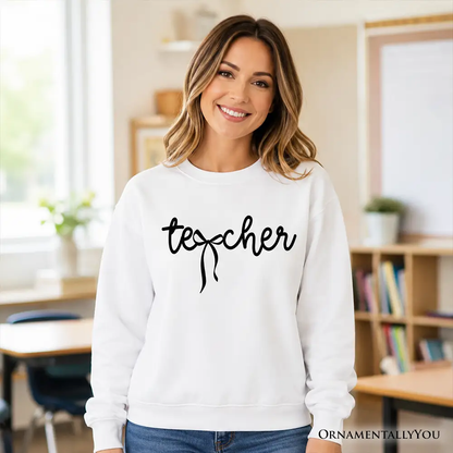 Teacher Coquette Bow Sweatshirt white with black script teacher bow OrnamentallyYou logo on Tampa Home & Garden Store