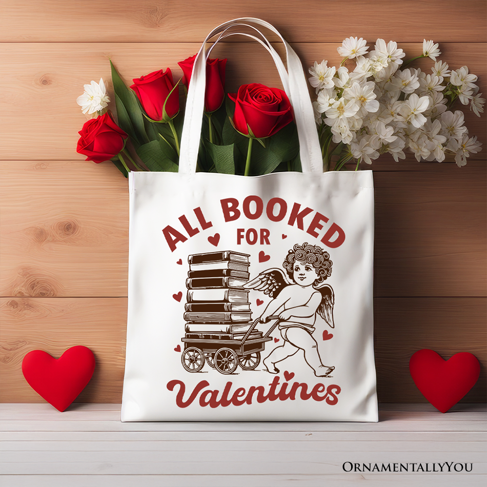 All Booked For Valentines Cupid Canvas Tote Bag, Vintage Funny Bookworm Gift