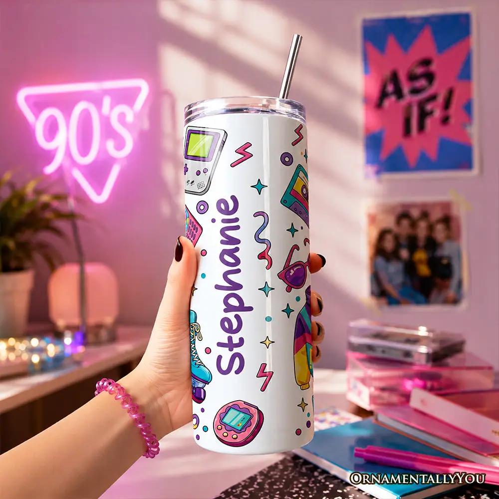 20oz personalized tumbler by OrnamentallyYou with 90s graphics, lid and stainless straw on Tampa Home & Garden Store