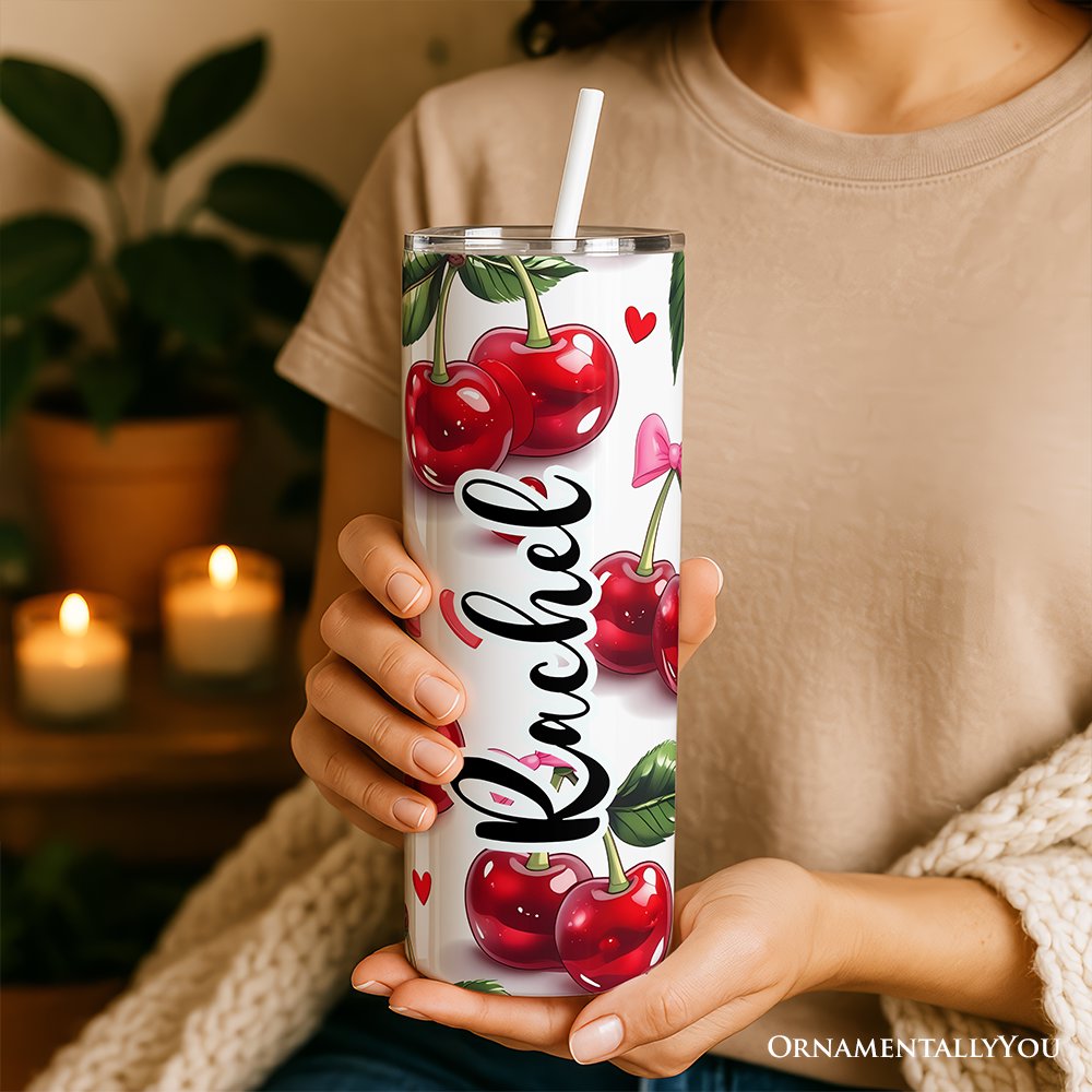 Gobelet isotherme personnalisé de 590 ml (20 oz) avec couvercle et paille en acier inoxydable, motif nœud cerise, cadeau idéal pour la Saint-Valentin.