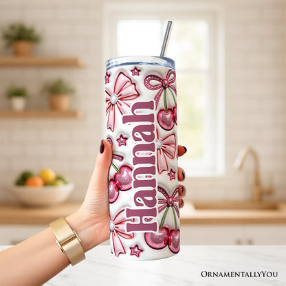 Gobelet gonflable 3D Coquette Cherry Bows avec couvercle et paille en acier inoxydable, cadeau idéal pour vos voyages printaniers à motif floral.