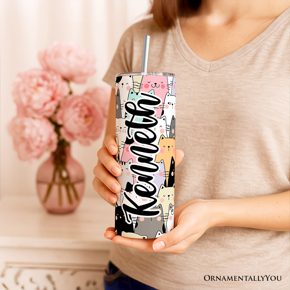 Cute Cats 20oz Personalized Tumbler With Lid and Stainless Steel Straw, Cozy Cat Owner Travel Mug Gift