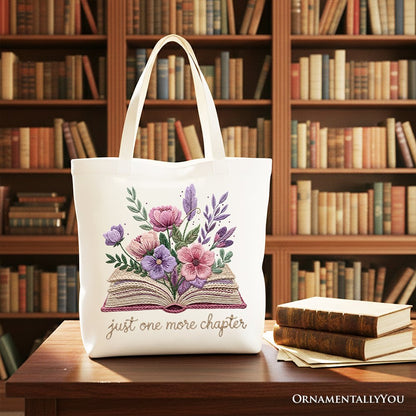 Floral Book Print Faux Crochet Tote for a Reader