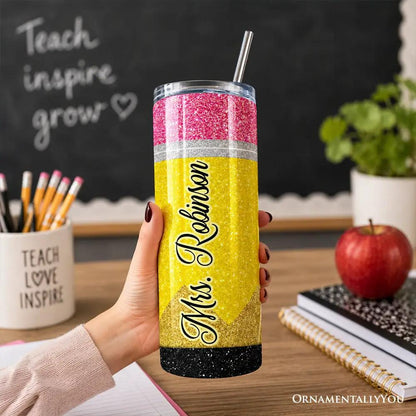 Glitter pencil 20oz tumbler with lid and straw; pink, silver, yellow, black glitter bands, OrnamentallyYou on Tampa Home & Garden Store