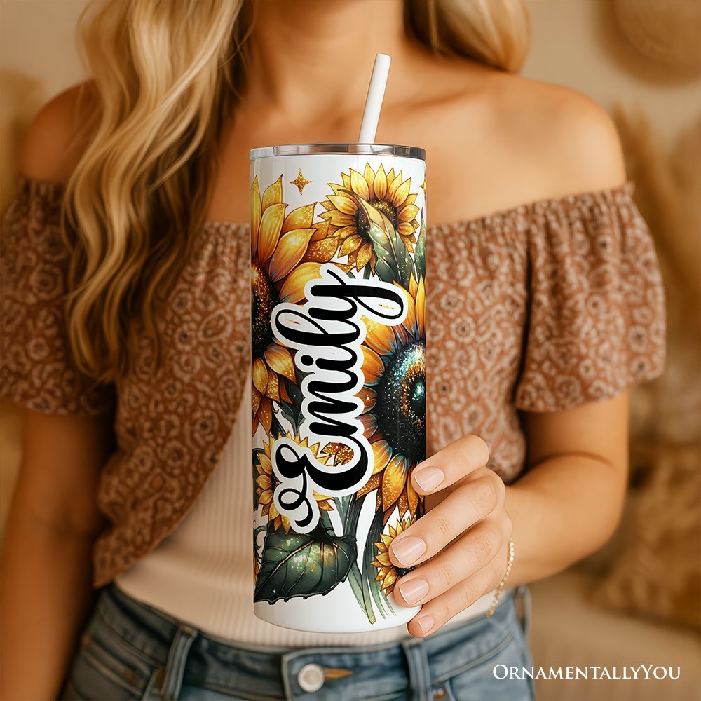 Vaso personalizado de 20 oz con estampado de girasol brillante, tapa y pajita de acero inoxidable, regalo de taza de viaje con flores de verano amarillas.