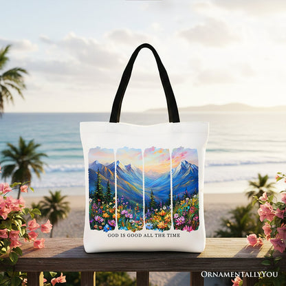 God Is Good Mountain Canvas Tote Bag and Joy