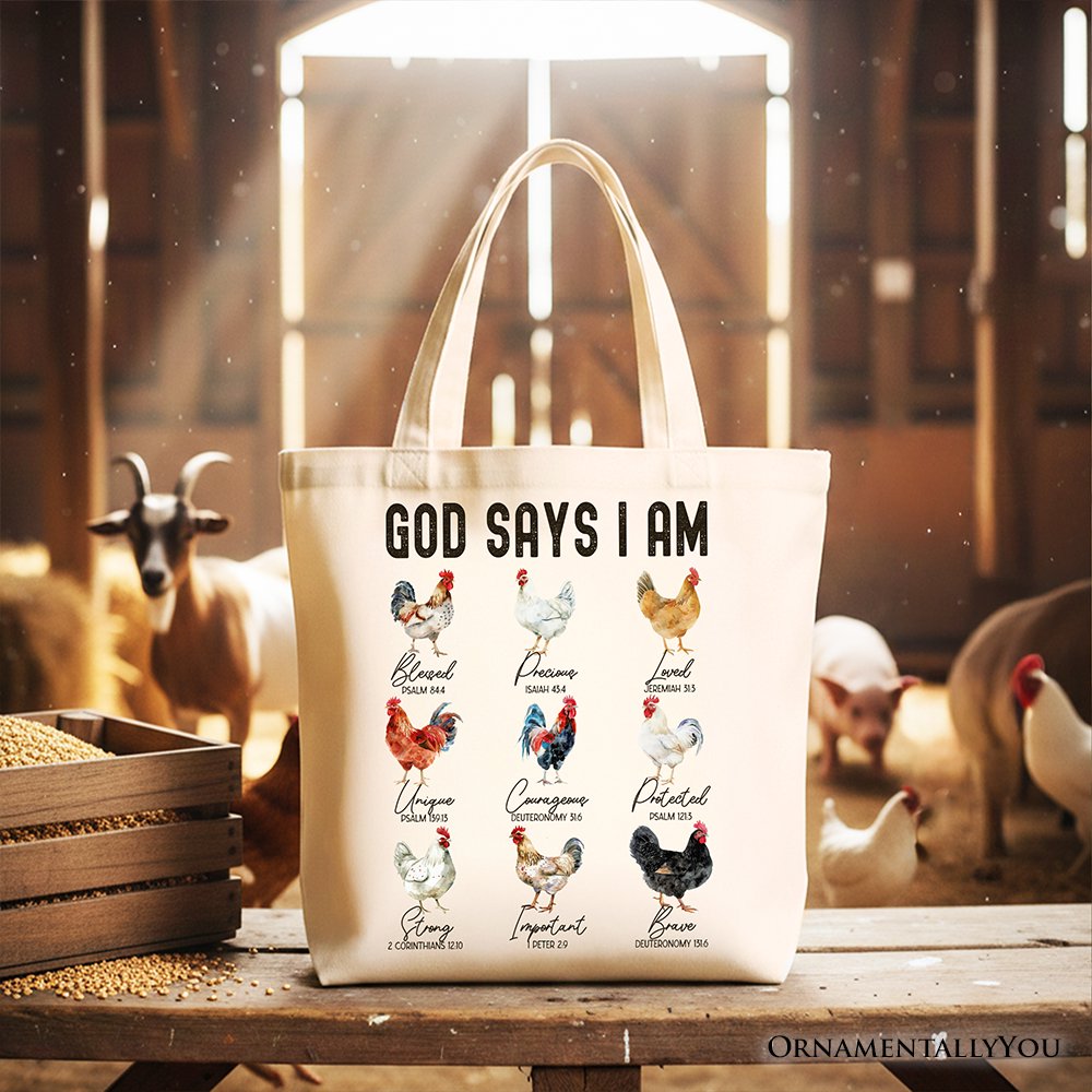God Says I Am Christian Tote and Farm Rooster Bag