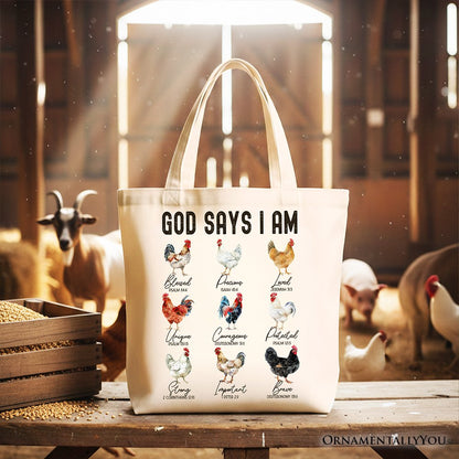 God Says I Am Christian Tote and Farm Rooster Bag