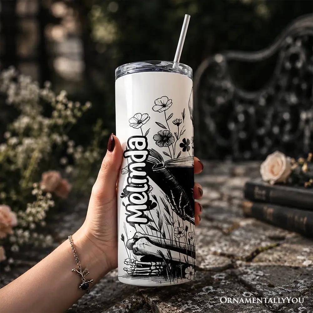 20oz Gothic Reading Tumbler with lid, straw, black floral skeleton OrnamentallyYou on Tampa Home & Garden Store