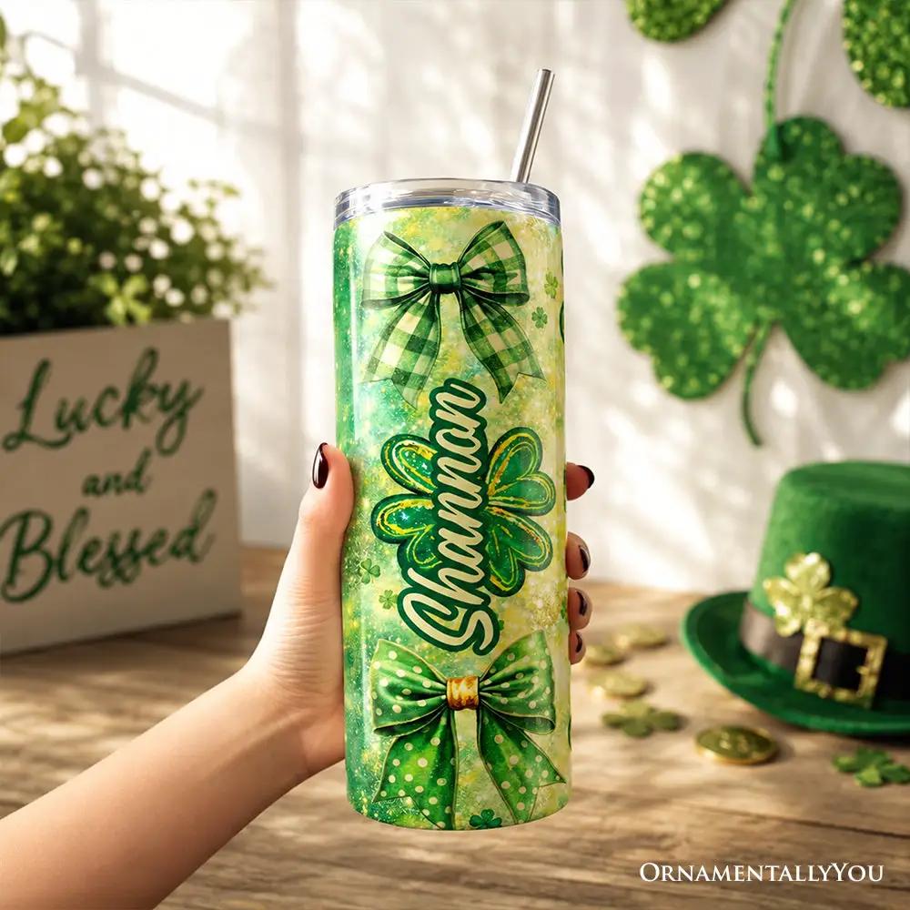 Tumbler 20oz green shamrock bow pattern with lid and stainless straw by OrnamentallyYou on Tampa Home & Garden Store